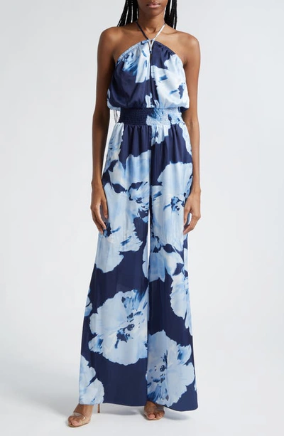 Ramy Brook Mindy Watercolor Bloom Strapless Wide-leg Jumpsuit In Spring Navy Watercolor