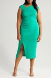 Anne Klein Asymmetric Neck Side Ruched Midi Sheath Dress In Green Sprig