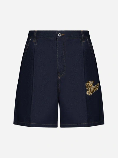 Off-white Men's Pleated 90s Logo Raw Denim Shorts In Blue,gold