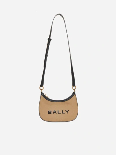 Bally Bar Ellipse Logo Canvas Shoulder Bag In Sand,black