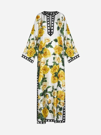 Dolce & Gabbana Long Printed Silk Kaftano Dress In Yellow,white