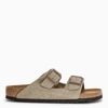 Birkenstock Arizona Double Buckle Suede Slides In Beige