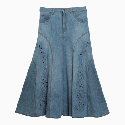 Chloé Broderie Anglaise Flared Denim Midi Skirt In Blue