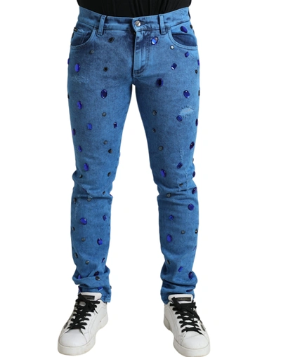 DOLCE & GABBANA BLUE CRYSTAL EMBELLISHED SKINNY DENIM JEANS