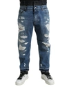 Dolce & Gabbana Blue Tattered Straight Cotton Denim Jeans