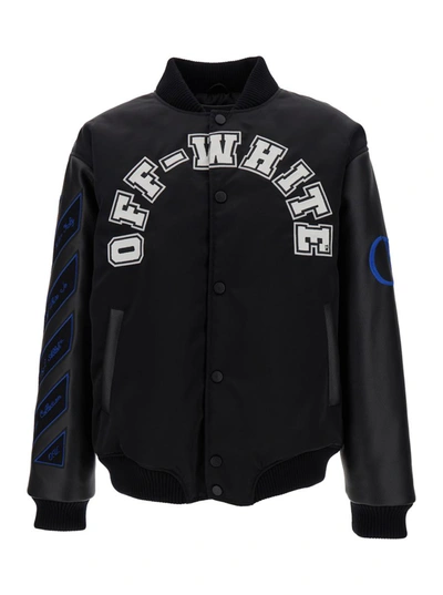 Off-white Baseball Lea Over Puffer Varsity Jacket In Black