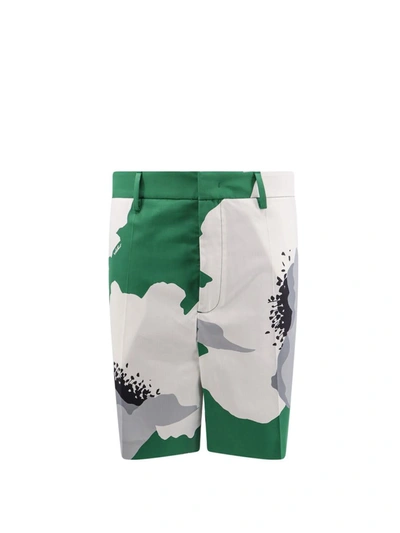 Valentino Cotton Poplin Bermuda Shorts With Flower Portrait Print In エメラルド/ホワイト