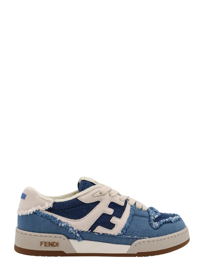 Fendi Denim Sneakers With Leather Ff Logo In Blue