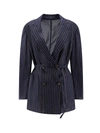 Brunello Cucinelli Metallic Pinstripe Cotton Gauze Belted Double-breasted Blazer Jacket