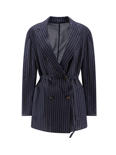 Brunello Cucinelli Metallic Pinstripe Cotton Gauze Belted Double-breasted Blazer Jacket In Blue,silver