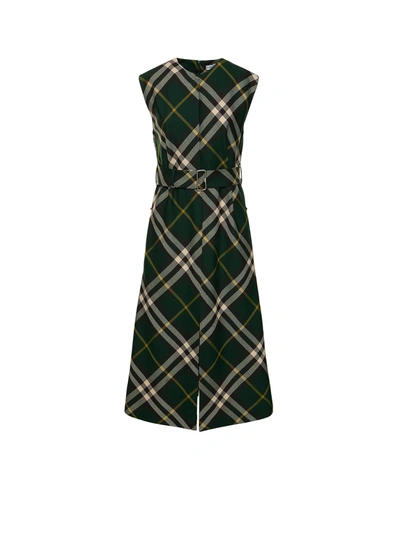 Burberry Check Wool Dress In Green