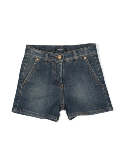Balmain Kids' Coin-engraved Denim Shorts In Blue