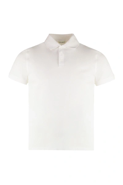 Saint Laurent Slim-fit Logo-embroidered Cotton-piqué Polo Shirt In White