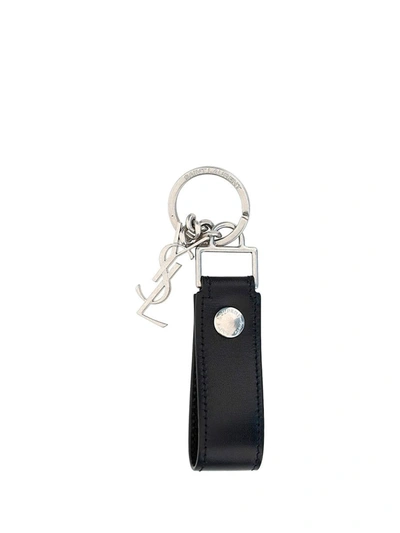 Saint Laurent Logo Plaque Embellished Leather Keyring - 黑色 In Nero