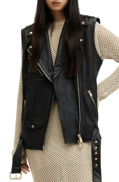 Allsaints Billie Leather Oversized Biker Gilet In Black/gold