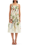 OSCAR DE LA RENTA FLORAL PRINT PLEATED STRETCH COTTON SUNDRESS