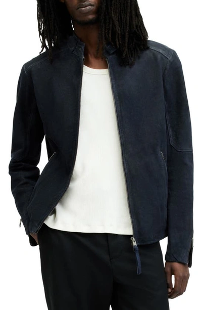 Allsaints Cora Leather Snap Back Collar Jacket In Mcway Blue