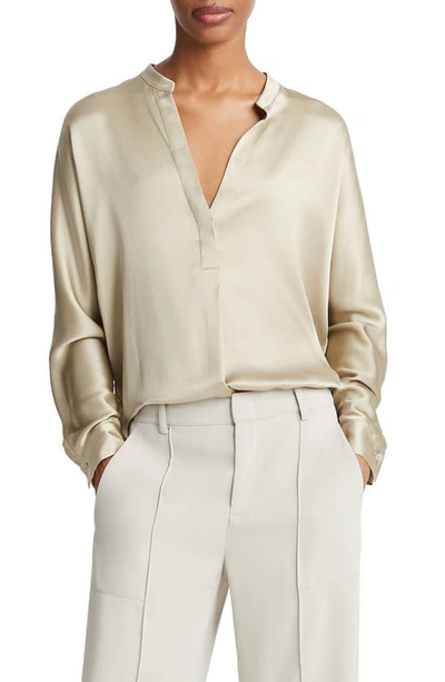 Vince Band Collar Silk Blouse In Sepia