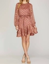 SHE + SKY GOLD-DOT CHIFFON DRESS WITH RUFFLED HEM IN DUSTY ROSE