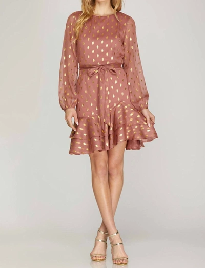 She + Sky Gold-dot Chiffon Dress With Ruffled Hem In Dusty Rose In Pink