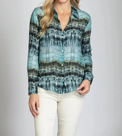 Apny Stripe Button-up Top With Roll Tab Sleeve In Tribal Blue In Bright Blue Multi