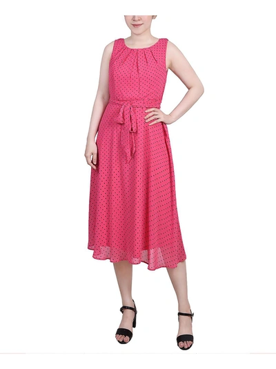 Ny Collection Petite Sleeveless Chiffon Belted Dress In Pink Black Fantasy Dot