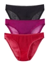 On Gossamer Women's Mesh Hip Bikini 3-pack In Black,salsa,purple