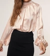 Hers & Mine Satin Mock Neck Long Sleeve Top In Champagne In Beige