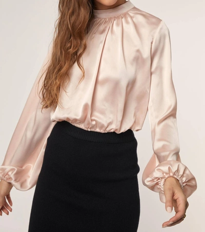 Hers & Mine Satin Mock Neck Long Sleeve Top In Champagne In Beige
