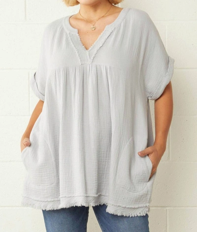 Entro Crinkled Plus Top With Frayed Hems In Dusty Blue In Grey