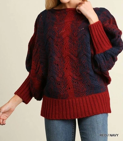 Umgee Puff Sleeve Chunky Knit Sweater In Navy And Red