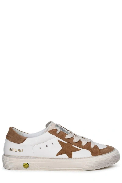 Golden Goose Kids' May Star Distressed-effect Sneakers In Bianco/marrone