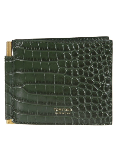Tom Ford Printed Croc T Line Clip Wallet In Green