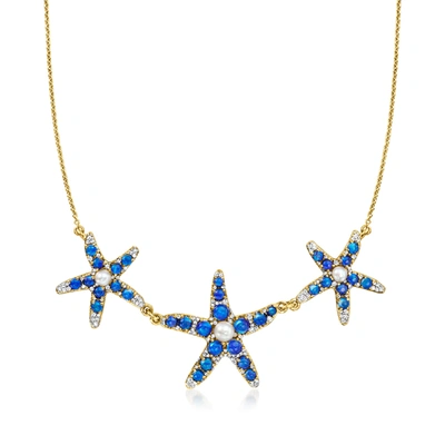 Ross-simons 4-5mm Cultured Pearl And 2.5-4mm Black Opal Starfish Necklace With White Topaz In 18kt Gold Over Ste In Blue