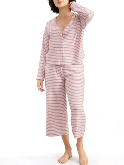Splendid Cardigan Knit Cropped Pajama Set In Pink Cameo,stripe