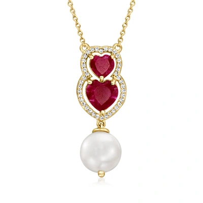 Ross-simons 9.5-10mm Cultured Pearl And Ruby Heart Necklace With . White Topaz In 18kt Gold Over Sterling In Red