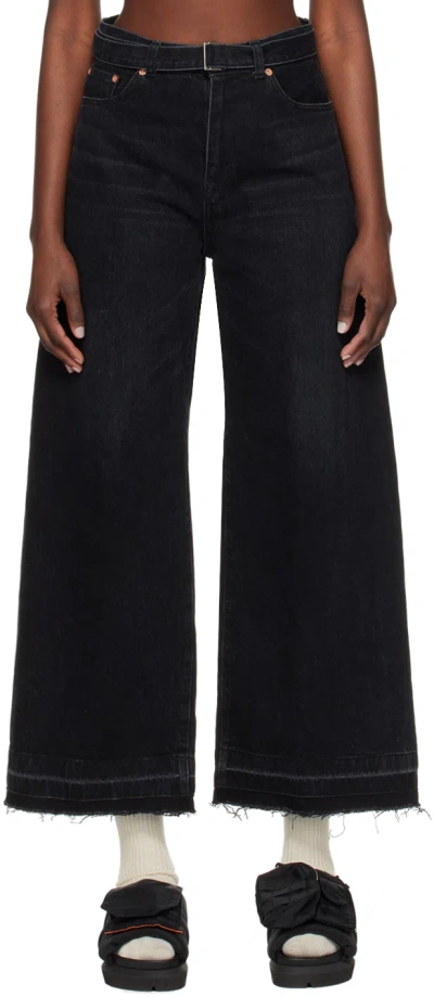 Sacai High-waisted Belted Flared Jeans In Black