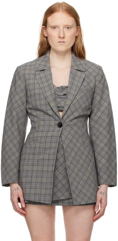 Ganni Mixed-check Fitted Blazer In Frost Gray