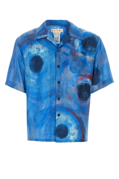 Marni Painterly-print Silk Shirt In Blue