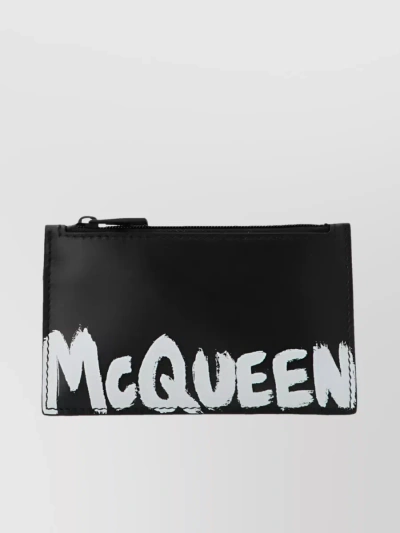 Alexander Mcqueen Printed Leather Zip Wallet With Wrist Strap In Black