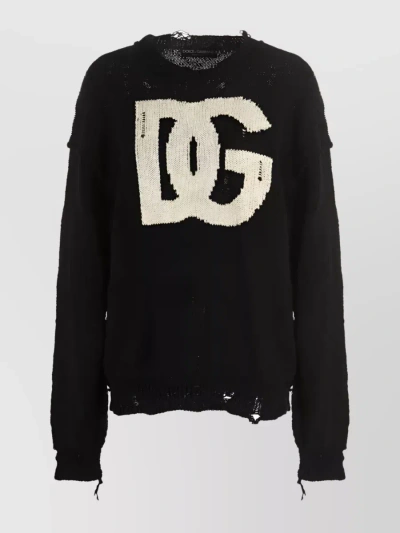 Dolce & Gabbana Ripped Logo Knit Sweater In Black
