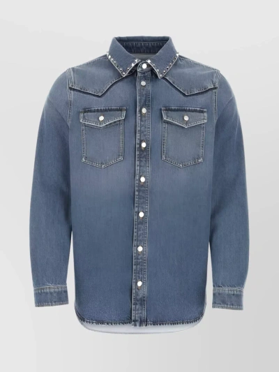 Valentino Collared Shirt With Distressed Finish And Stud Accents In Blue