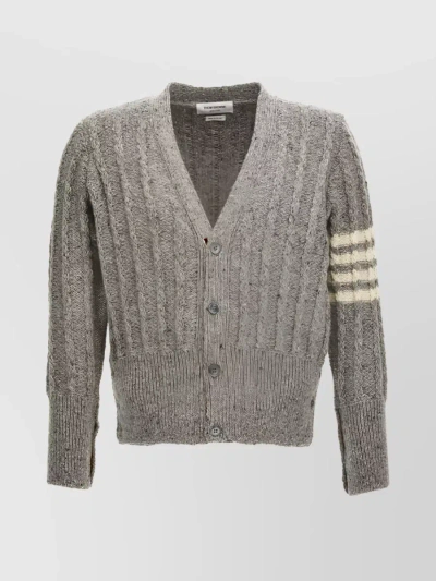 Thom Browne Donegal Cable 4-bar V-neck Cardigan In Grey