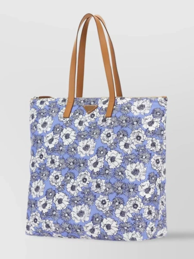 Prada Allover Floral Printed Triangle Logo Tote Bag In Blue
