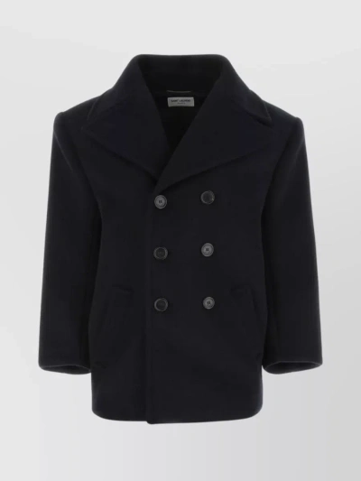 Saint Laurent Wool Double Breast Coat In Black