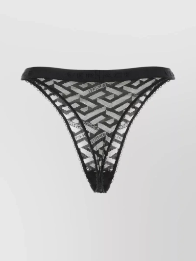 Versace Greca Pattern Lace-detailed Thong In Black