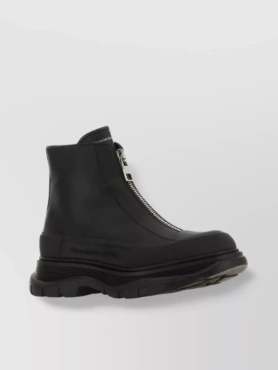 Alexander Mcqueen Zip Tread Lug Sole Calfskin Boots In Black
