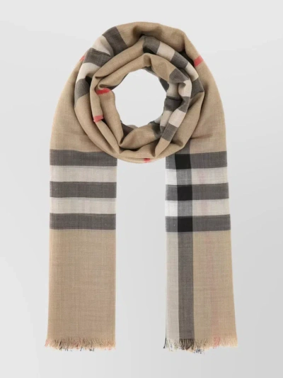 Burberry Woven Wool Silk Scarf With Checkered Embroidery In Cream