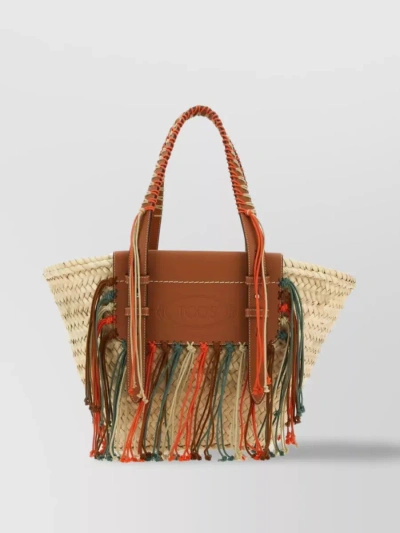 Tod's Textured Woven Tote With Braided Handles And Fringe Detail In Beige
