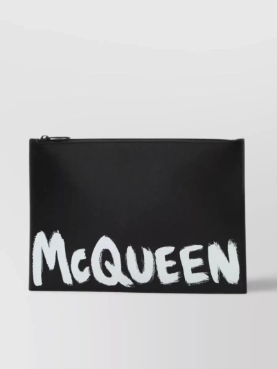 Alexander Mcqueen Structured Leather Clutch With Contrasting Graffiti Print In Black